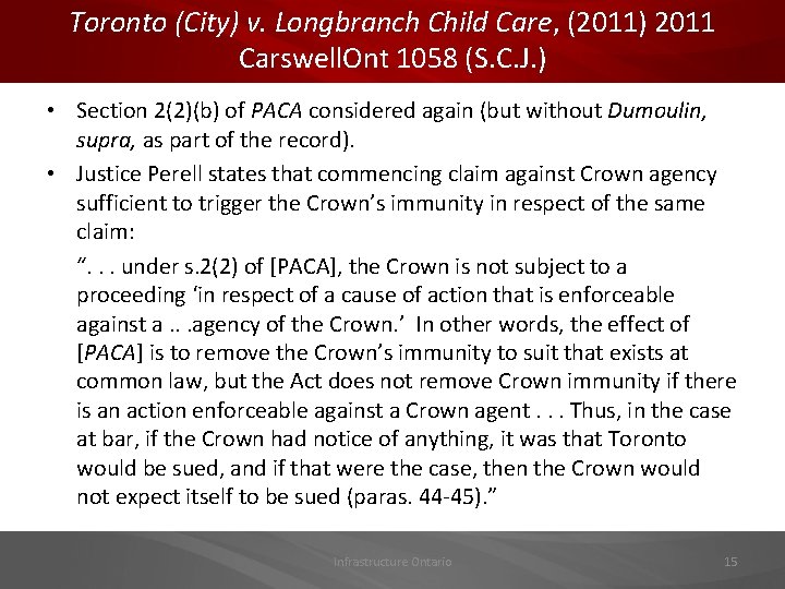 Toronto (City) v. Longbranch Child Care, (2011) 2011 Carswell. Ont 1058 (S. C. J.