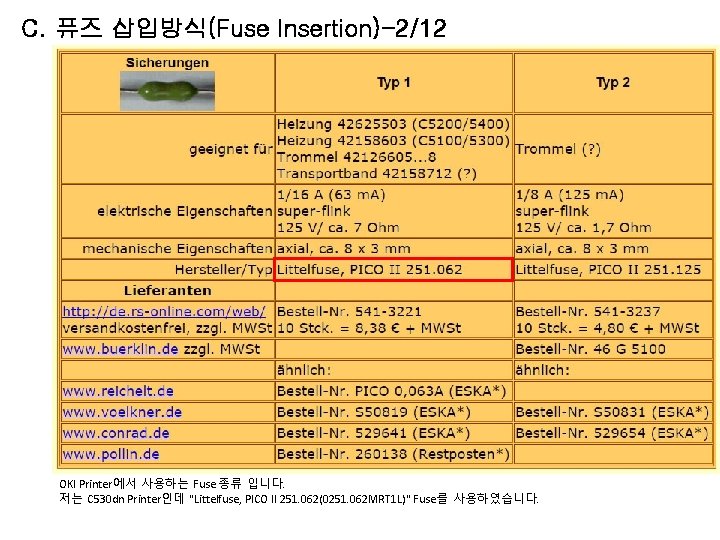 C. 퓨즈 삽입방식(Fuse Insertion)-2/12 OKI Printer에서 사용하는 Fuse 종류 입니다. 저는 C 530 dn