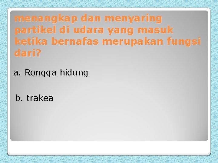 menangkap dan menyaring partikel di udara yang masuk ketika bernafas merupakan fungsi dari? a.