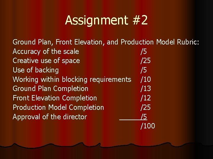 Assignment #2 Ground Plan, Front Elevation, and Production Model Rubric: Accuracy of the scale Assignment #2 Ground Plan, Front Elevation, and Production Model Rubric: Accuracy of the scale