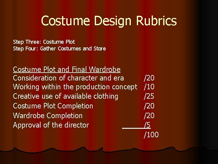 Costume Design Rubrics Step Three: Costume Plot Step Four: Gather Costumes and Store Costume Costume Design Rubrics Step Three: Costume Plot Step Four: Gather Costumes and Store Costume
