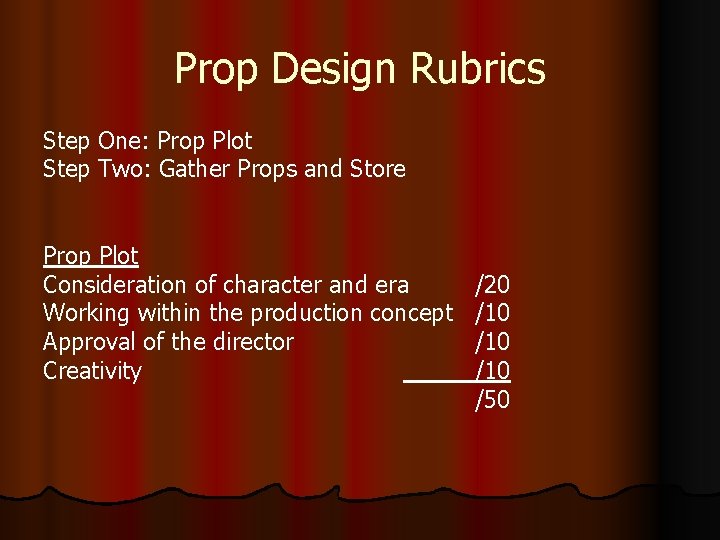 Prop Design Rubrics Step One: Prop Plot Step Two: Gather Props and Store Prop Prop Design Rubrics Step One: Prop Plot Step Two: Gather Props and Store Prop