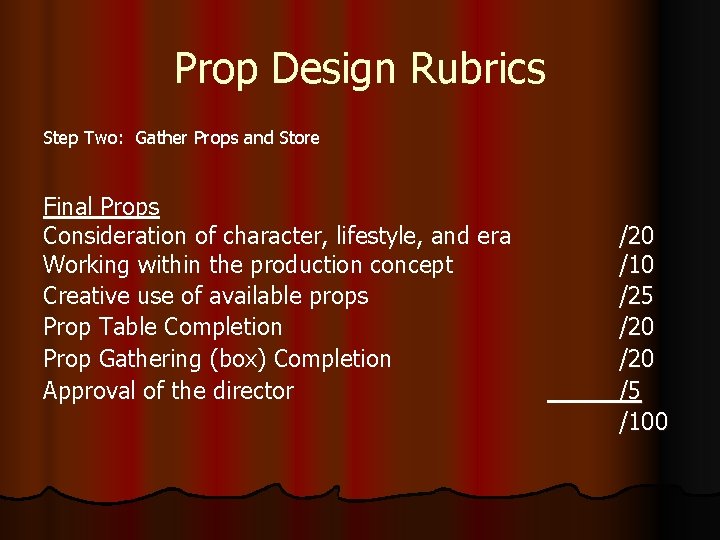 Prop Design Rubrics Step Two: Gather Props and Store Final Props Consideration of character, Prop Design Rubrics Step Two: Gather Props and Store Final Props Consideration of character,