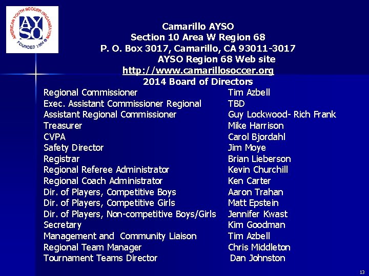 Camarillo AYSO Section 10 Area W Region 68 P. O. Box 3017, Camarillo, CA Camarillo AYSO Section 10 Area W Region 68 P. O. Box 3017, Camarillo, CA
