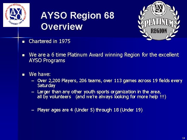 AYSO Region 68 Overview n Chartered in 1975 n We are a 6 time AYSO Region 68 Overview n Chartered in 1975 n We are a 6 time