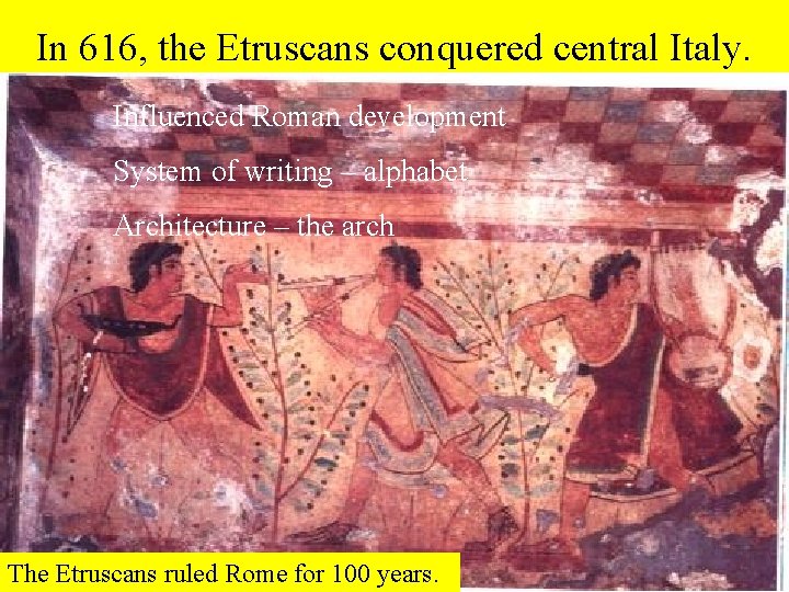 In 616, the Etruscans conquered central Italy. Influenced Roman development System of writing –