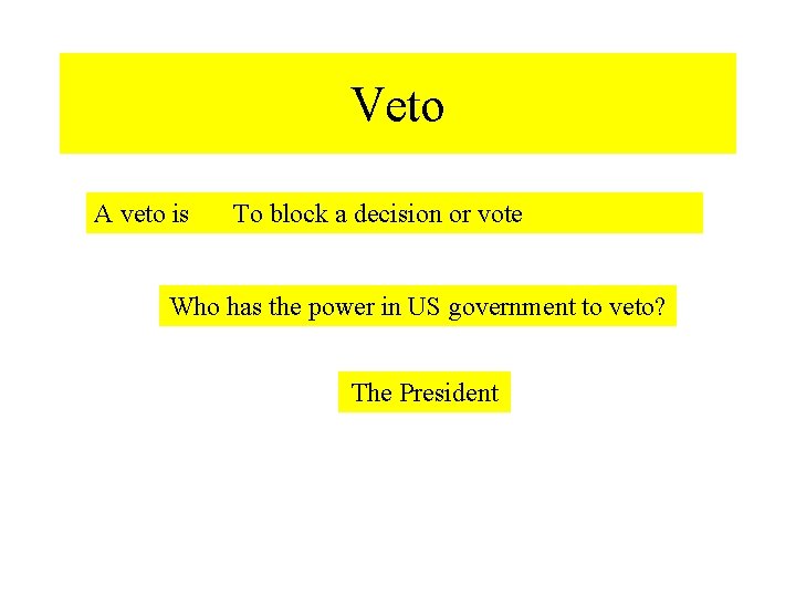 Veto A veto is To block a decision or vote Who has the power