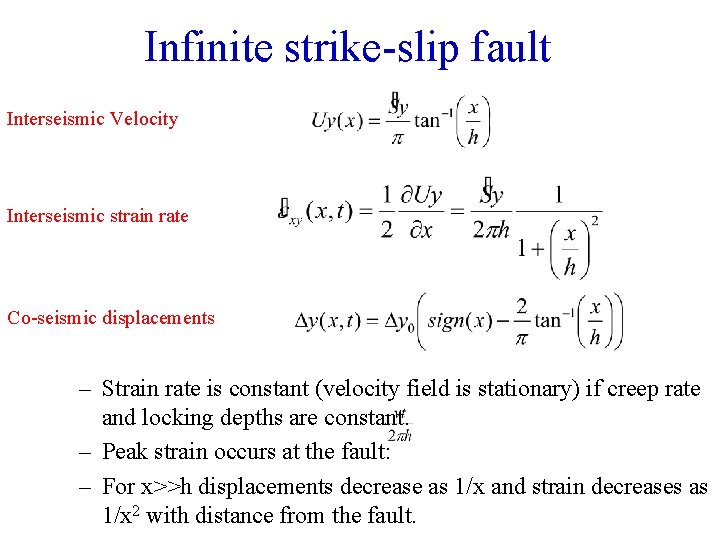 Infinite strike-slip fault Interseismic Velocity Interseismic strain rate Co-seismic displacements – Strain rate is