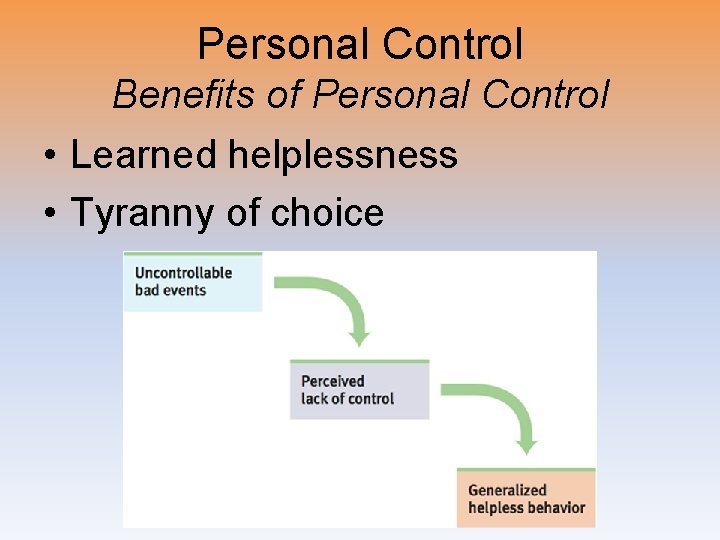 Personal Control Benefits of Personal Control • Learned helplessness • Tyranny of choice 