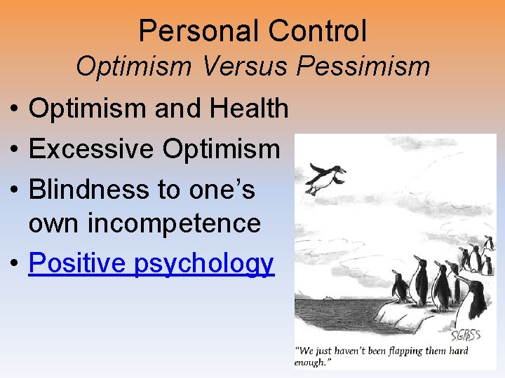 Personal Control Optimism Versus Pessimism • Optimism and Health • Excessive Optimism • Blindness