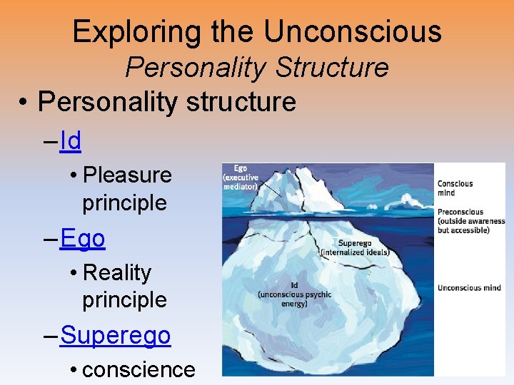 Exploring the Unconscious Personality Structure • Personality structure – Id • Pleasure principle –