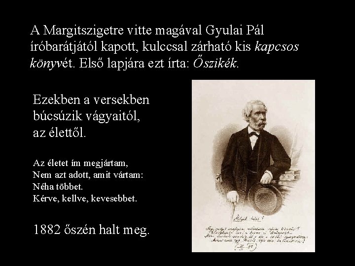 A Margitszigetre vitte magával Gyulai Pál íróbarátjától kapott, kulccsal zárható kis kapcsos könyvét. Első