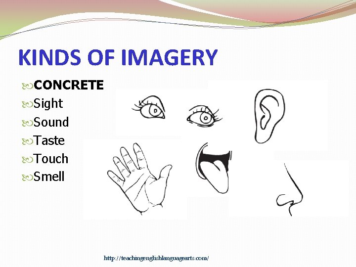 KINDS OF IMAGERY CONCRETE Sight Sound Taste Touch Smell http: //teachingenglishlanguagearts. com/ 