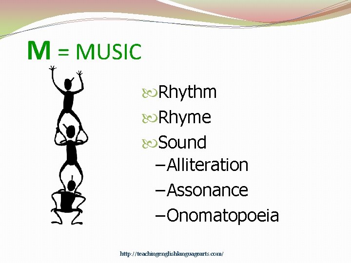 M = MUSIC Rhythm Rhyme Sound – Alliteration – Assonance – Onomatopoeia http: //teachingenglishlanguagearts.