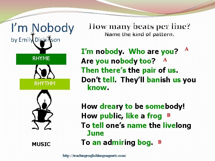 I’m Nobody by Emily Dickinson RHYME RHYTHM MUSIC I’m nobody. Who are you? A