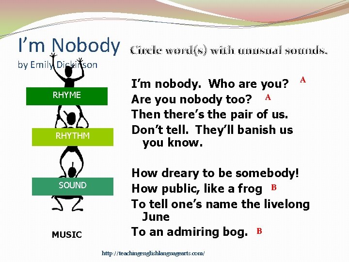 I’m Nobody Circle word(s) with unusual sounds. by Emily Dickinson RHYME RHYTHM SOUND MUSIC