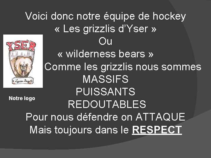 Voici donc notre équipe de hockey « Les grizzlis d’Yser » Ou « wilderness