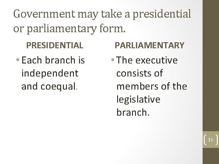 Government may take a presidential or parliamentary form. PRESIDENTIAL PARLIAMENTARY • Each branch is