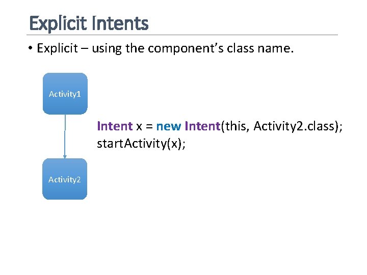 Explicit Intents • Explicit – using the component’s class name. Activity 1 Intent x