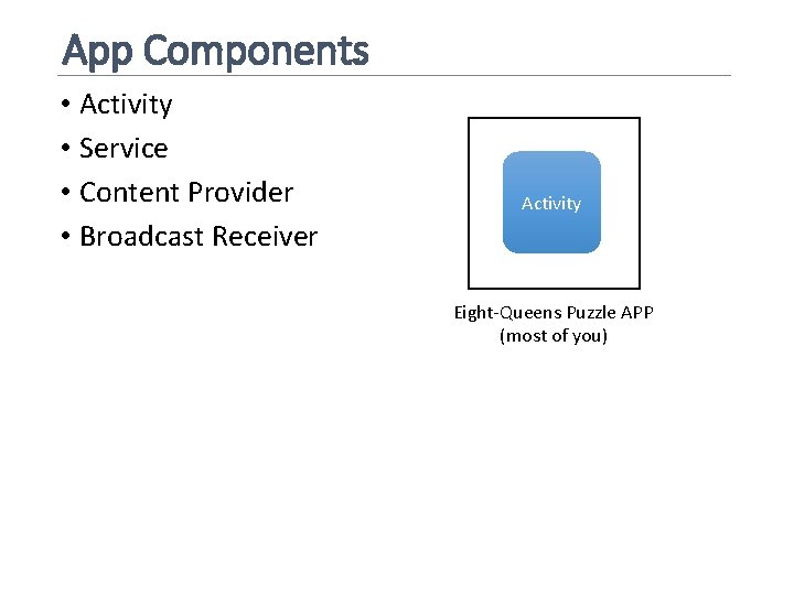 App Components • Activity • Service • Content Provider • Broadcast Receiver Activity Eight-Queens