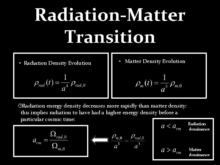 Radiation-Matter Transition • Radiation Density Evolution • Matter Density Evolution ·Radiation energy density decreases Radiation-Matter Transition • Radiation Density Evolution • Matter Density Evolution ·Radiation energy density decreases