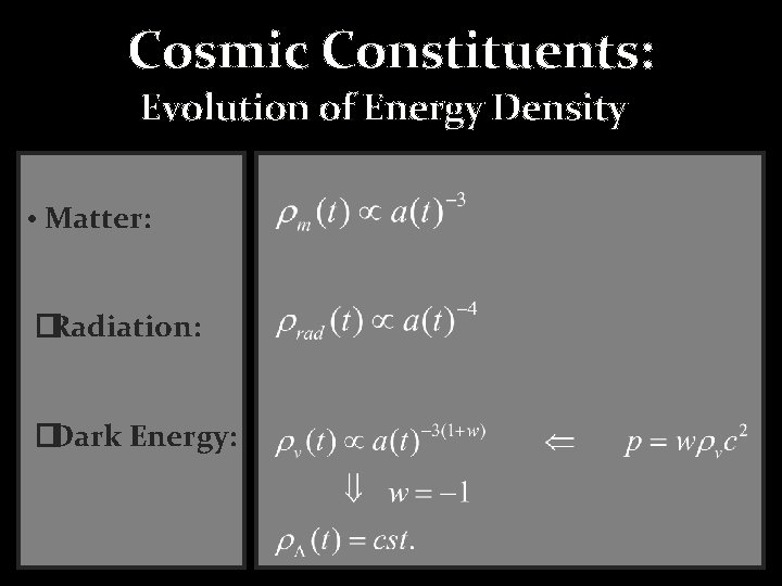 Cosmic Constituents: Evolution of Energy Density • Matter: �Radiation: �Dark Energy: Cosmic Constituents: Evolution of Energy Density • Matter: �Radiation: �Dark Energy: