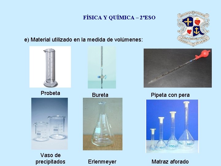 FÍSICA Y QUÍMICA – 2ºESO e) Material utilizado en la medida de volúmenes: Probeta