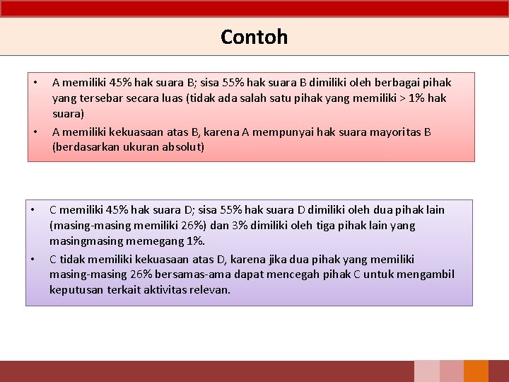 Contoh • • A memiliki 45% hak suara B; sisa 55% hak suara B