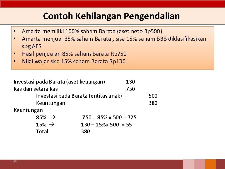 Contoh Kehilangan Pengendalian • Amarta memiliki 100% saham Barata (aset neto Rp 500) •