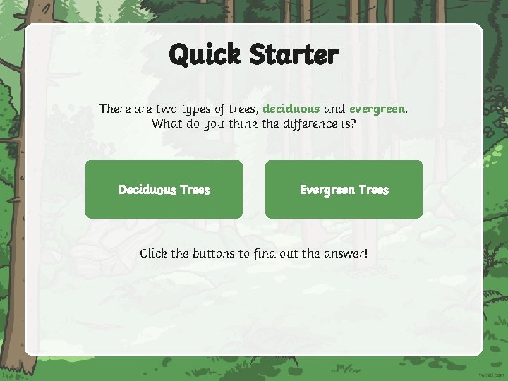 Quick Starter There are two types of trees, deciduous and evergreen. What do you