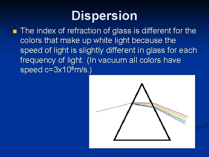 Dispersion n The index of refraction of glass is different for the colors that