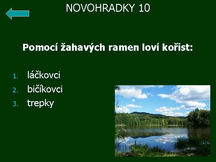 NOVOHRADKY 10 1. 2. 3. Pomocí žahavých ramen loví kořist: láčkovci bičíkovci trepky 