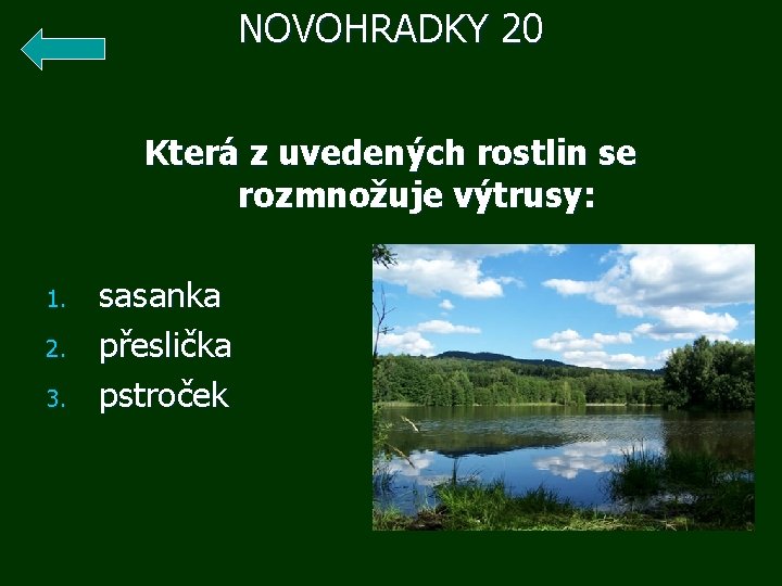 NOVOHRADKY 20 1. 2. 3. Která z uvedených rostlin se rozmnožuje výtrusy: sasanka přeslička