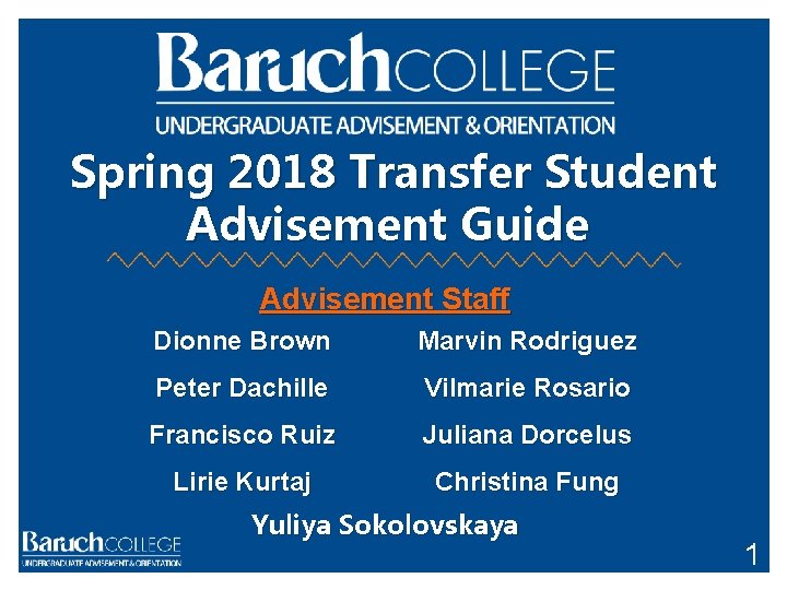 Spring 2018 Transfer Student Advisement Guide Advisement Staff Dionne Brown Marvin Rodriguez Peter Dachille