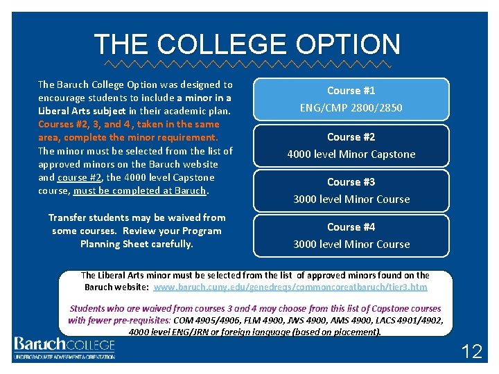 THE COLLEGE OPTION The Baruch College Option was designed to encourage students to include