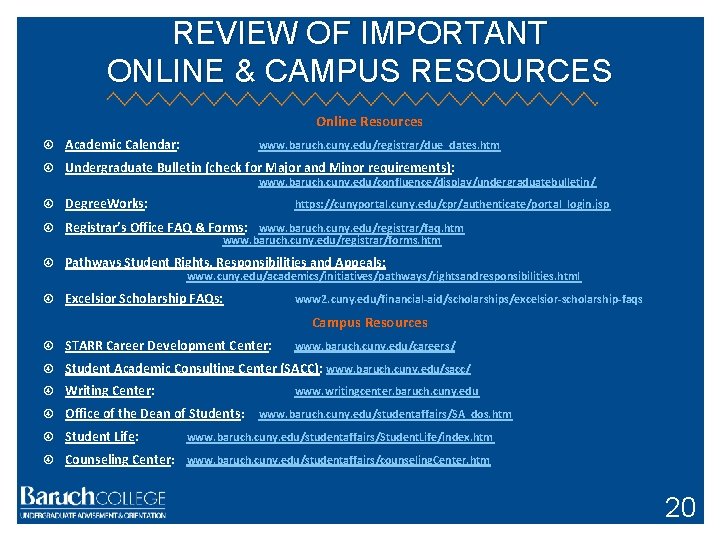 REVIEW OF IMPORTANT ONLINE & CAMPUS RESOURCES Online Resources Academic Calendar: Undergraduate Bulletin (check