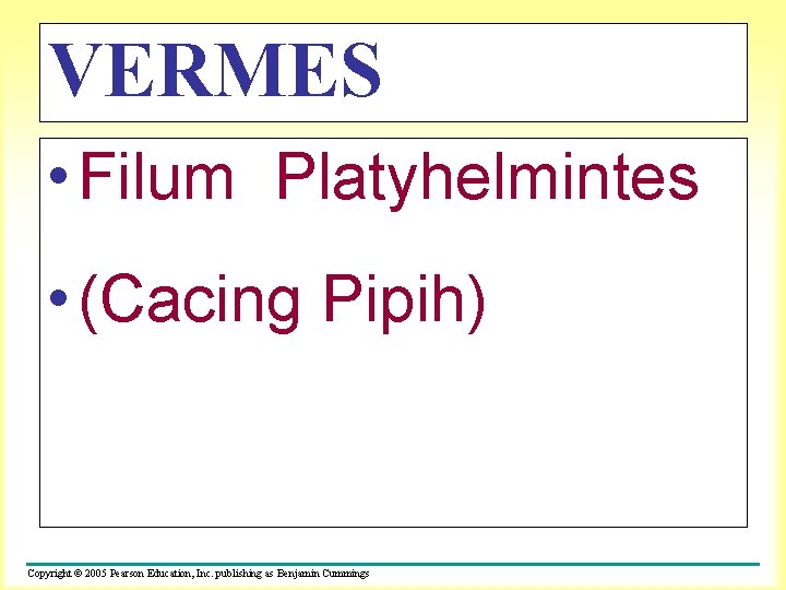 VERMES • Filum Platyhelmintes • (Cacing Pipih) Copyright © 2005 Pearson Education, Inc. publishing