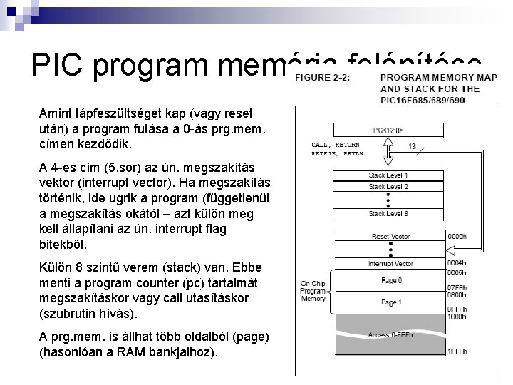 PIC program memória felépítése Amint tápfeszültséget kap (vagy reset után) a program futása a