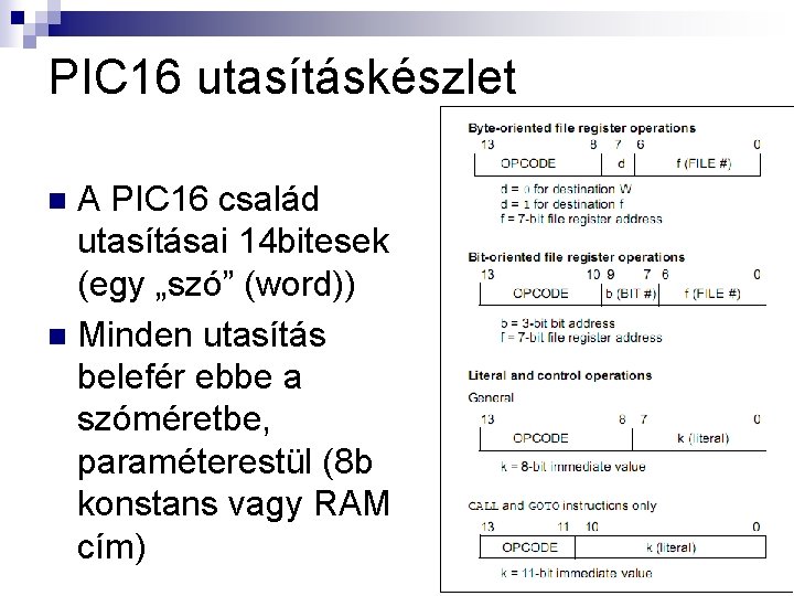 PIC 16 utasításkészlet A PIC 16 család utasításai 14 bitesek (egy „szó” (word)) n