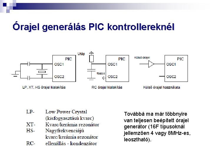 Órajel generálás PIC kontrollereknél Továbbá ma már többnyire van teljesen beépített órajel generátor (16