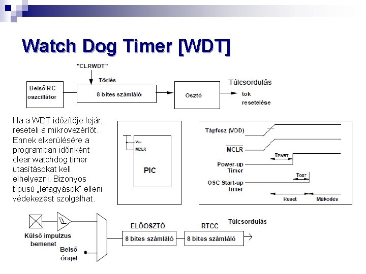 Watch Dog Timer [WDT] Ha a WDT időzítője lejár, reseteli a mikrovezérlőt. Ennek elkerülésére