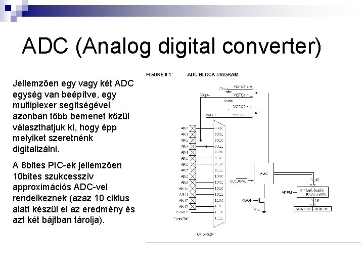 ADC (Analog digital converter) Jellemzően egy vagy két ADC egység van beépítve, egy multiplexer