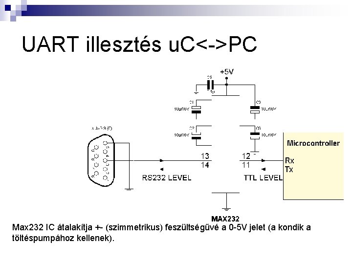 UART illesztés u. C<->PC Max 232 IC átalakítja +- (szimmetrikus) feszültségűvé a 0 -5