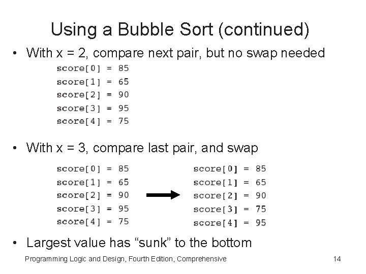 Using a Bubble Sort (continued) • With x = 2, compare next pair, but