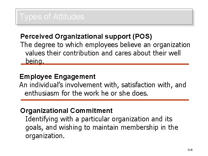 Types of Attitudes Perceived Organizational support (POS) The degree to which employees believe an