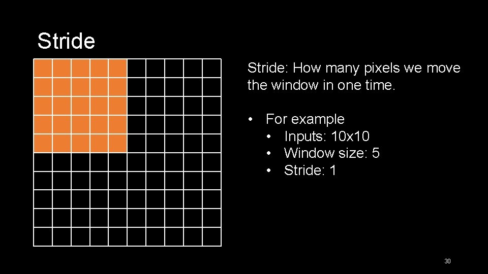 Stride: How many pixels we move the window in one time. • For example