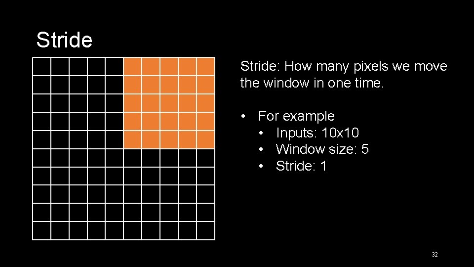 Stride: How many pixels we move the window in one time. • For example