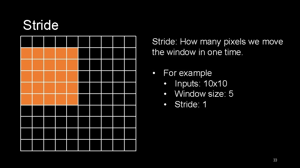 Stride: How many pixels we move the window in one time. • For example