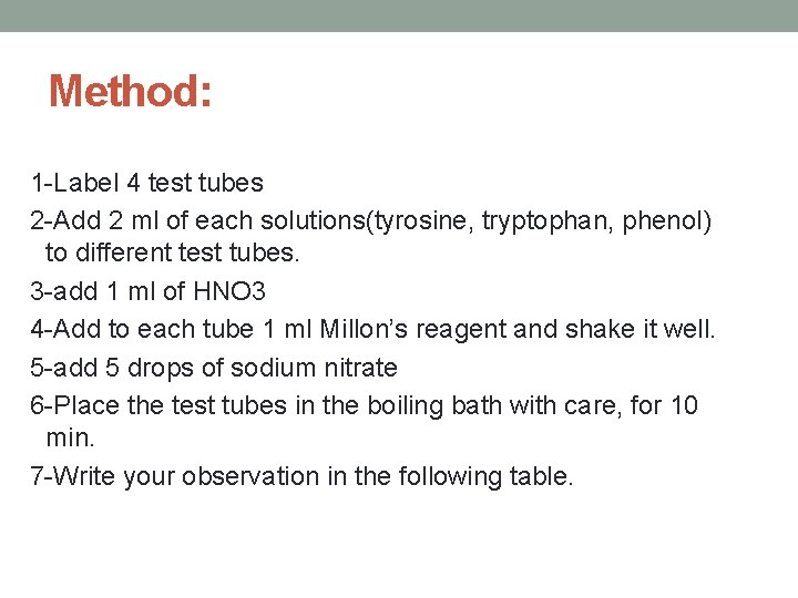 Method: 1 -Label 4 test tubes 2 -Add 2 ml of each solutions(tyrosine, tryptophan,