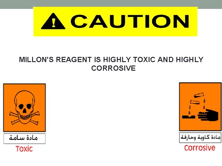 MILLON'S REAGENT IS HIGHLY TOXIC AND HIGHLY CORROSIVE 